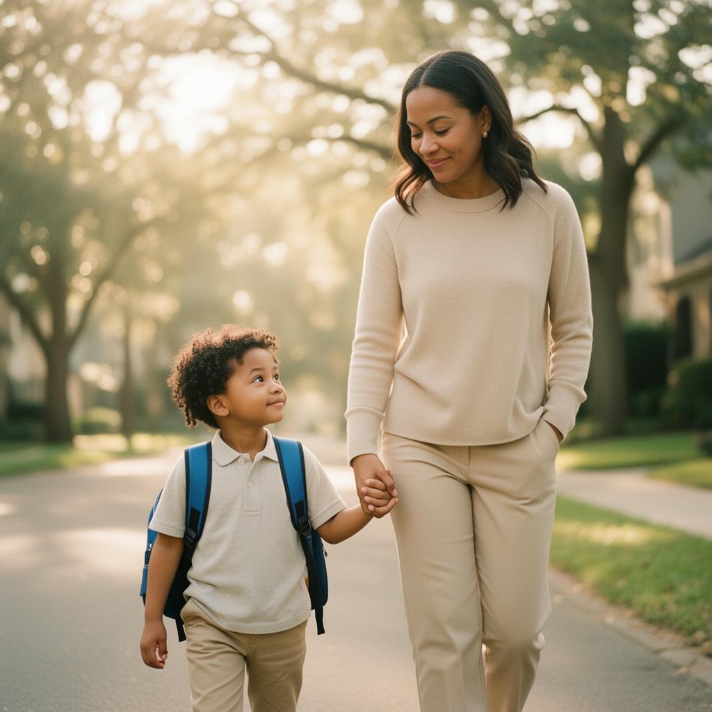 A calm parent walking their child to school on a soft morning