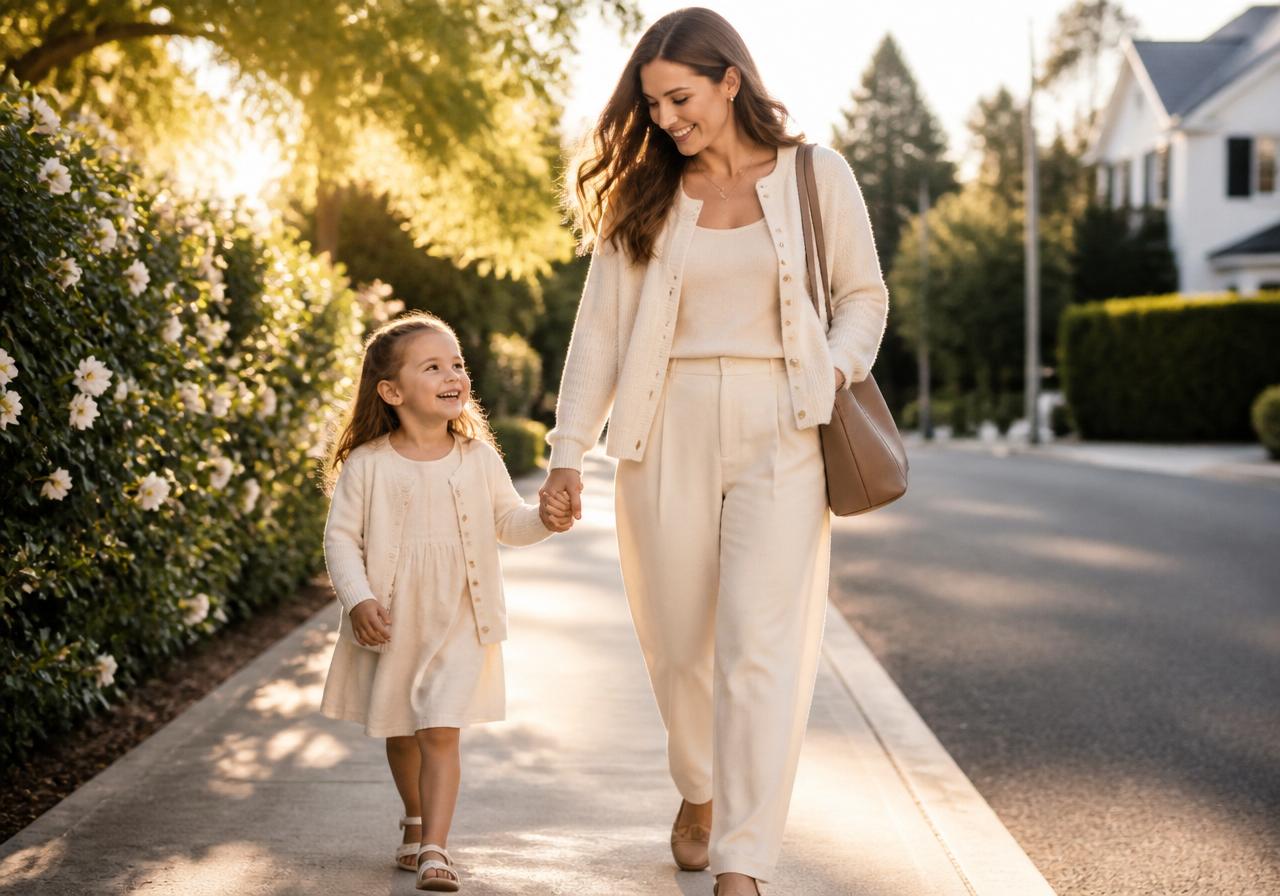 A calm parent walking their child to school on a soft morning