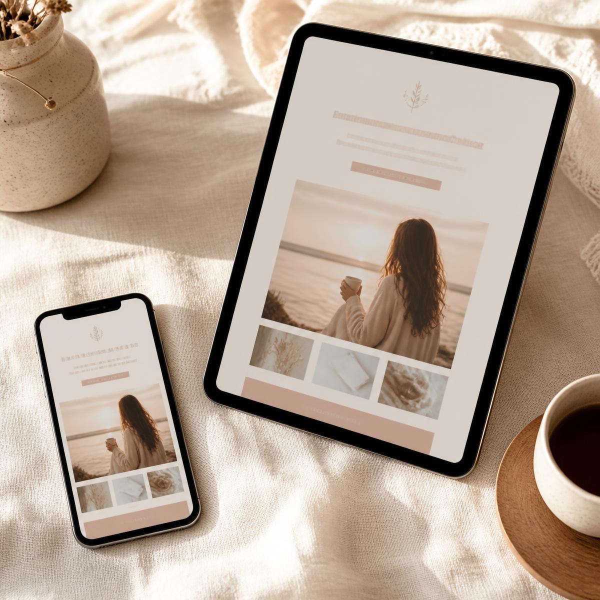 The Calm Morning Blueprint ebook shown on a tablet and phone — an instant digital download
